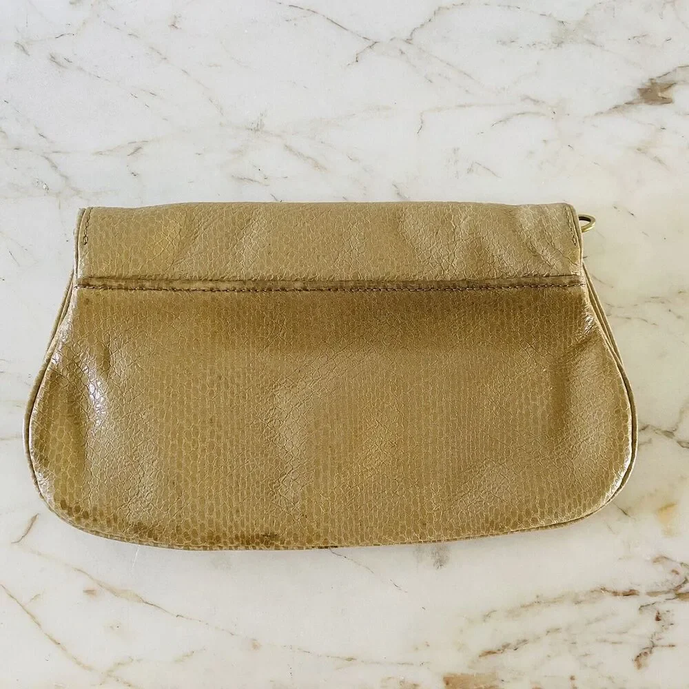TORY BURCH Solid Tan Leather Clutch Bag Purse Large Logo